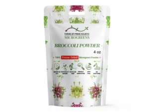 A white package of freeze-dried broccoli powder, labeled "Farms of Prime Holistic Microgreens." Includes icons for grown in USA, pesticide-free, GMO-free, and no additives.