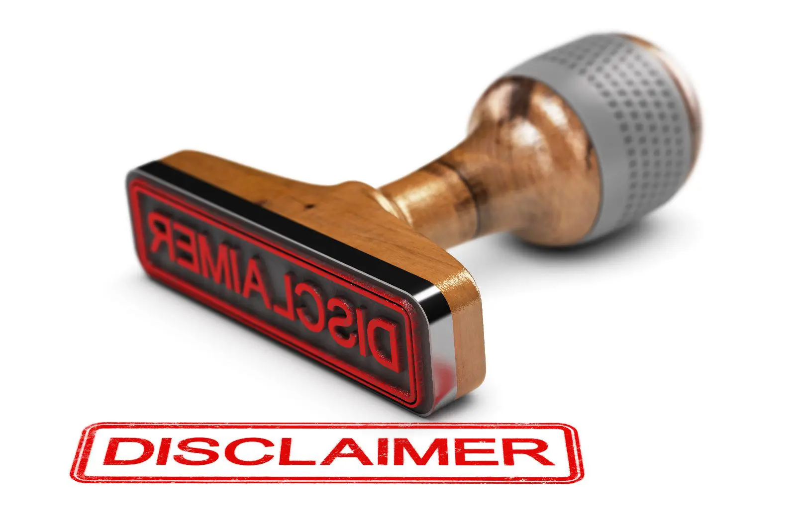 A wooden stamp labeled "DISCLAIMER" in red ink is tilted beside a red-stamped impression of the same word on a white background.