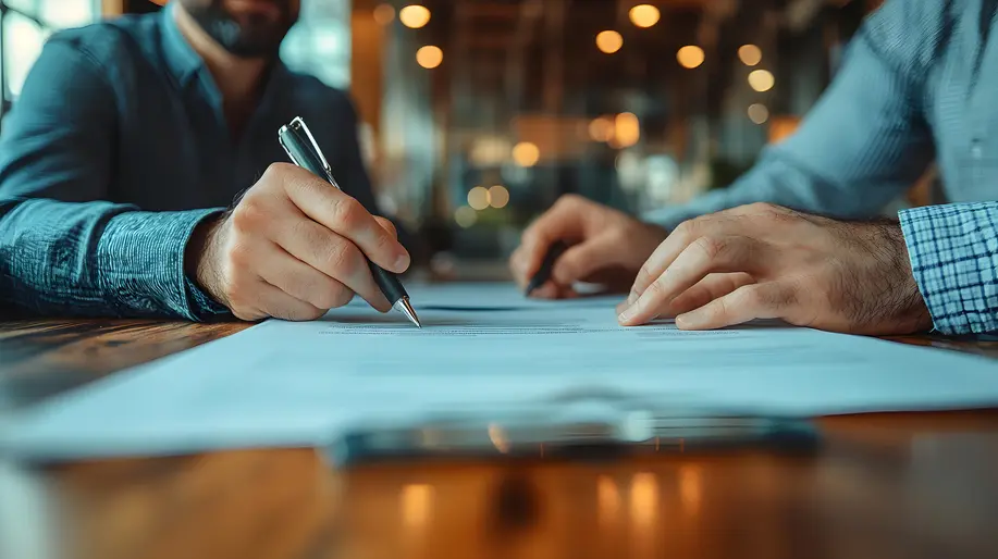 Two people in business attire are signing a document on a wooden table. The setting appears professional, with a blurred background of warm lights.