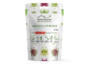 White bag of arugula powder labeled "Farms of Prime Holistic." Features colorful microgreens, icons for organic benefits, and highlights "freeze-dried."