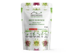White pouch of beet powder labeled "Farms of Prime Holistic Microgreens." Highlights include "Nitrate-Rich" and "40X Nutrients." Emphasizes "Freeze-Dried" and "GMO Free."