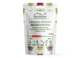 Packaging for "Crimson Vitality Blend Powder," featuring microgreens like sunflower and beet. Labels: 100% freeze-dried, grown in USA, non-GMO. Bright and fresh look.