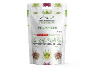 White pouch of pea powder labeled "Farms of Prime Holistic Microgreens." Keywords: freeze-dried, 4 oz, USA-grown, pesticide-free, GMO-free, no additives.