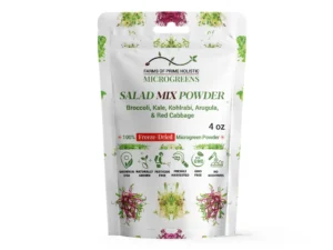 White pouch of "Farms of Prime Holistic Microgreens Salad Mix Powder," featuring microgreens imagery. Labels: freeze-dried, GMO-free, no additives.