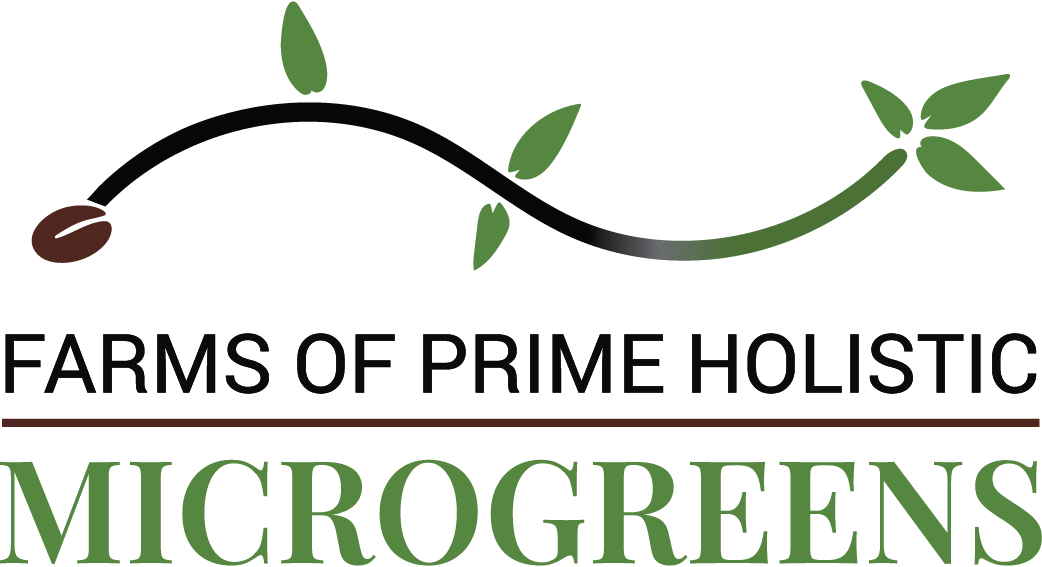 A logo featuring a sprouting branch with leaves and a seed, above the text "Farms of Prime Holistic Microgreens" in black and green on a dark background.
