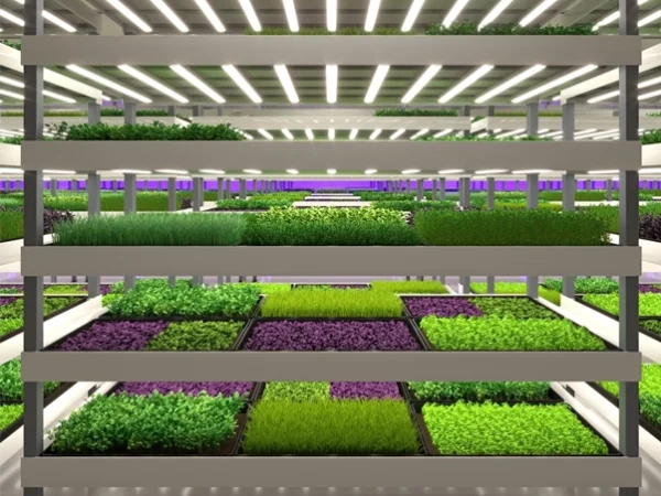 Vertical farming shelves filled with vibrant microgreens and purple plants under bright LED lights, creating a futuristic and efficient atmosphere.